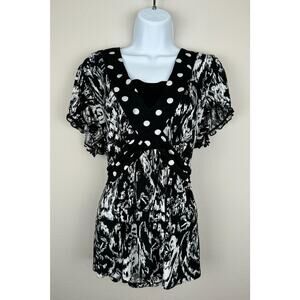 CJ Banks Top Womens Size 1X Black White Short Sleeve Artsy Office Work Stretch